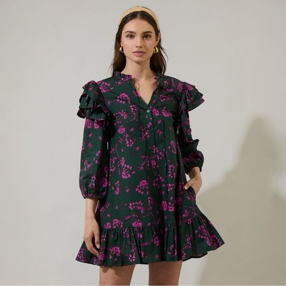 Revolve Sugar Lips Close To You Sammy Ruffle Drop Waist Dress FOREST-PINK small - Picture 1 of 8